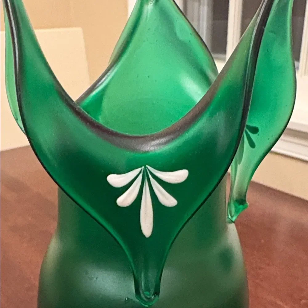 Vintage Green Ruffled Satin Glass Vase 10.5” Hand Enameled